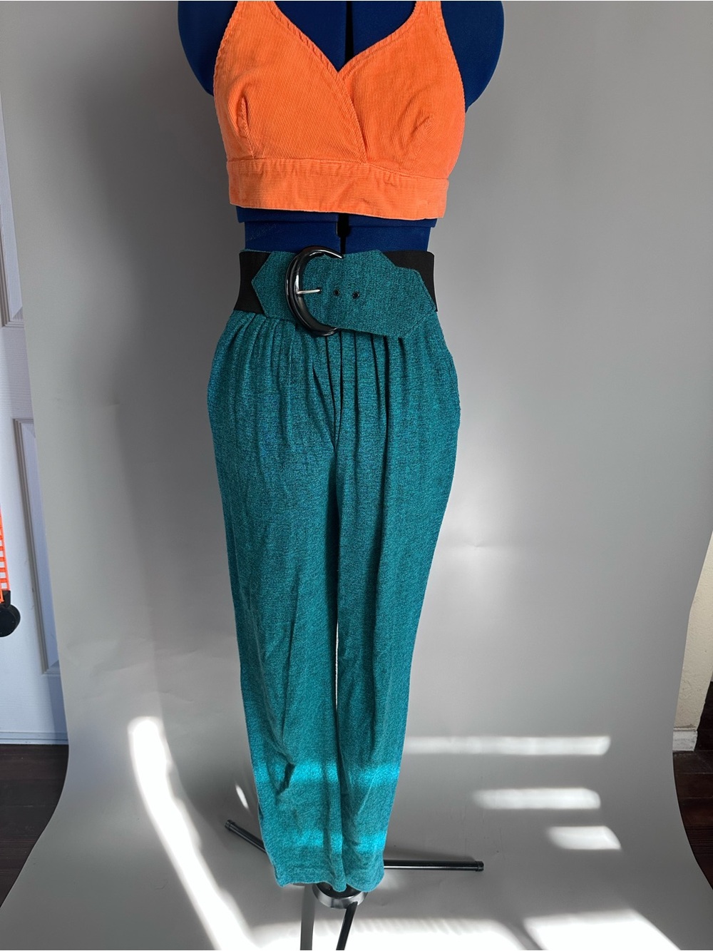 Vintage Teal Wide-Leg High-Waist Pants with Belt